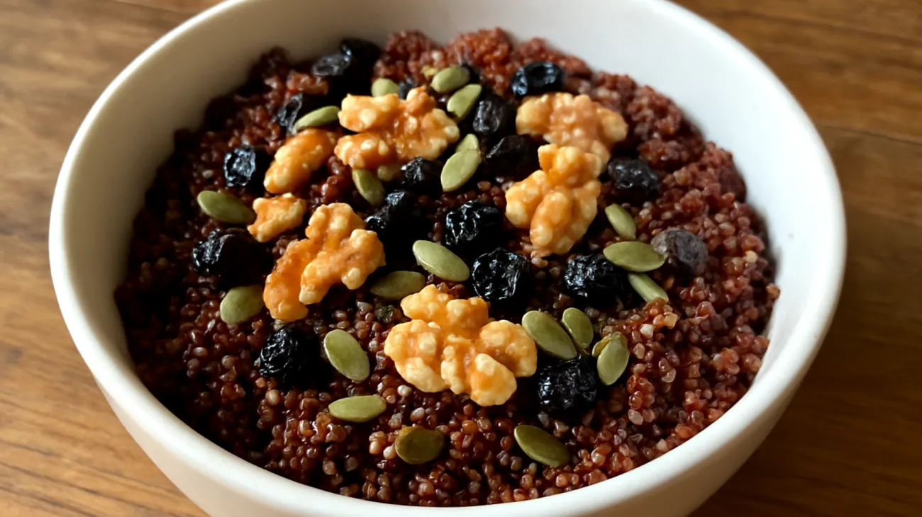 Insalata di quinoa rossa con noci, mirtilli secchi e semi di zucca"