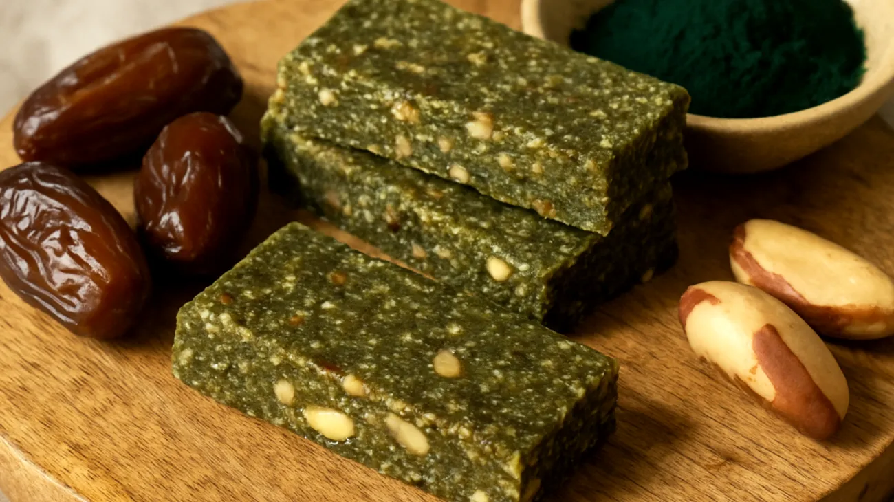 Barrette energetiche fatte in casa con datteri, noci del Brasile e spirulina"