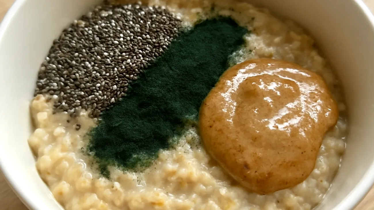 Porridge di avena con semi di chia, spirulina e burro di mandorle"