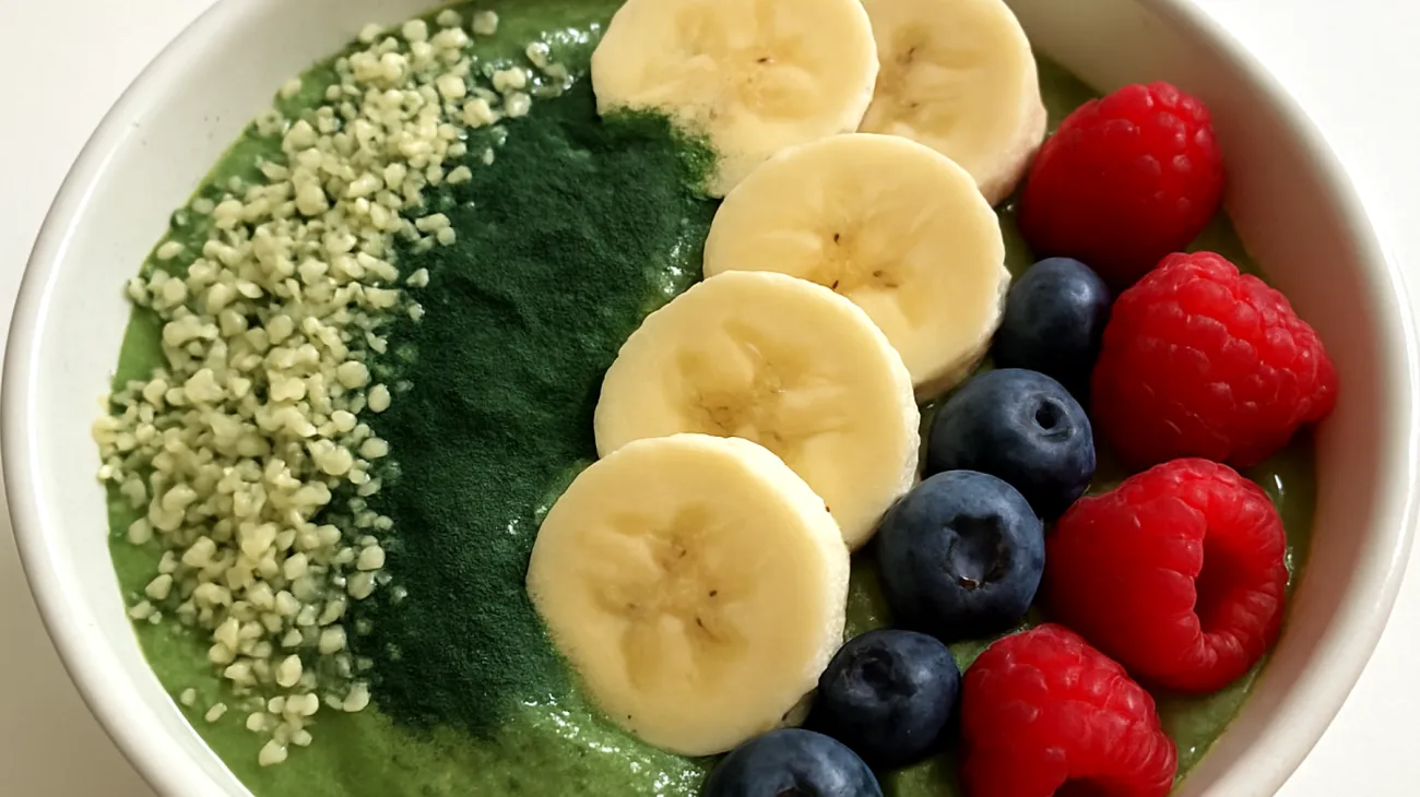 Smoothie bowl con semi di canapa, spirulina e frutta di stagione"