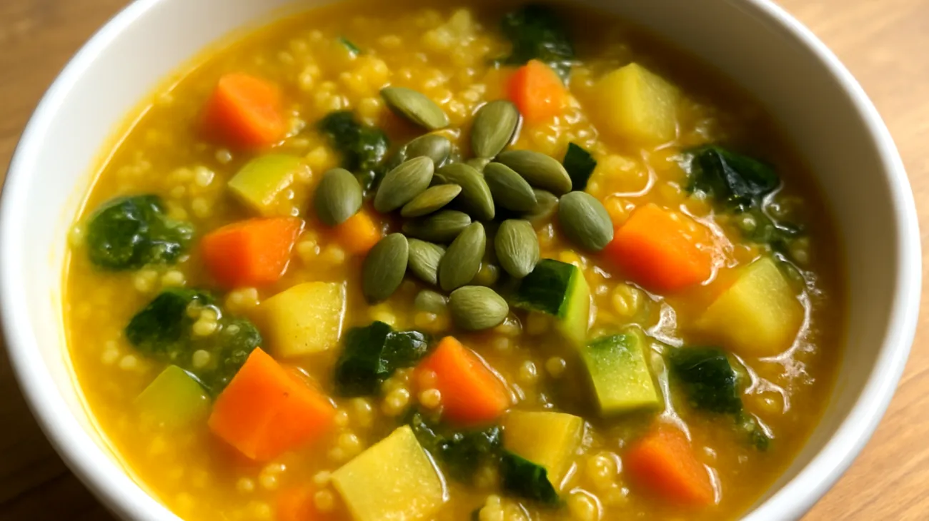 Zuppa di miglio con verdure di stagione e semi di zucca"